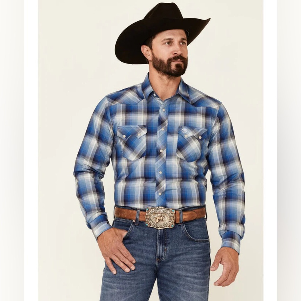 Wrangler Retro Western Cowboy Long Sleeve Blue Plaid Pearl Snap Shirt Sz XXL